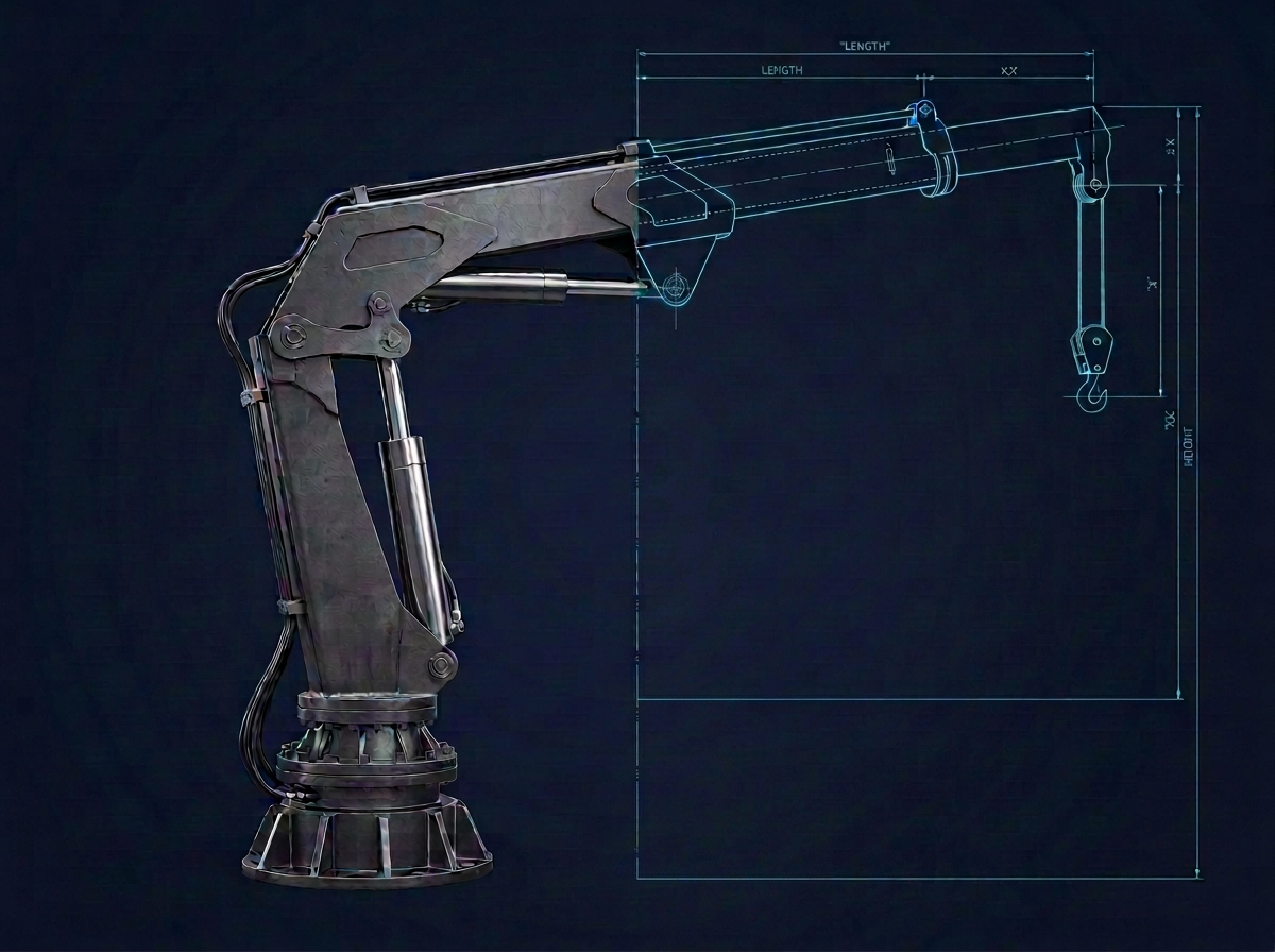 Gru articolata: metà render meccanico e metà disegno tecnico quotato