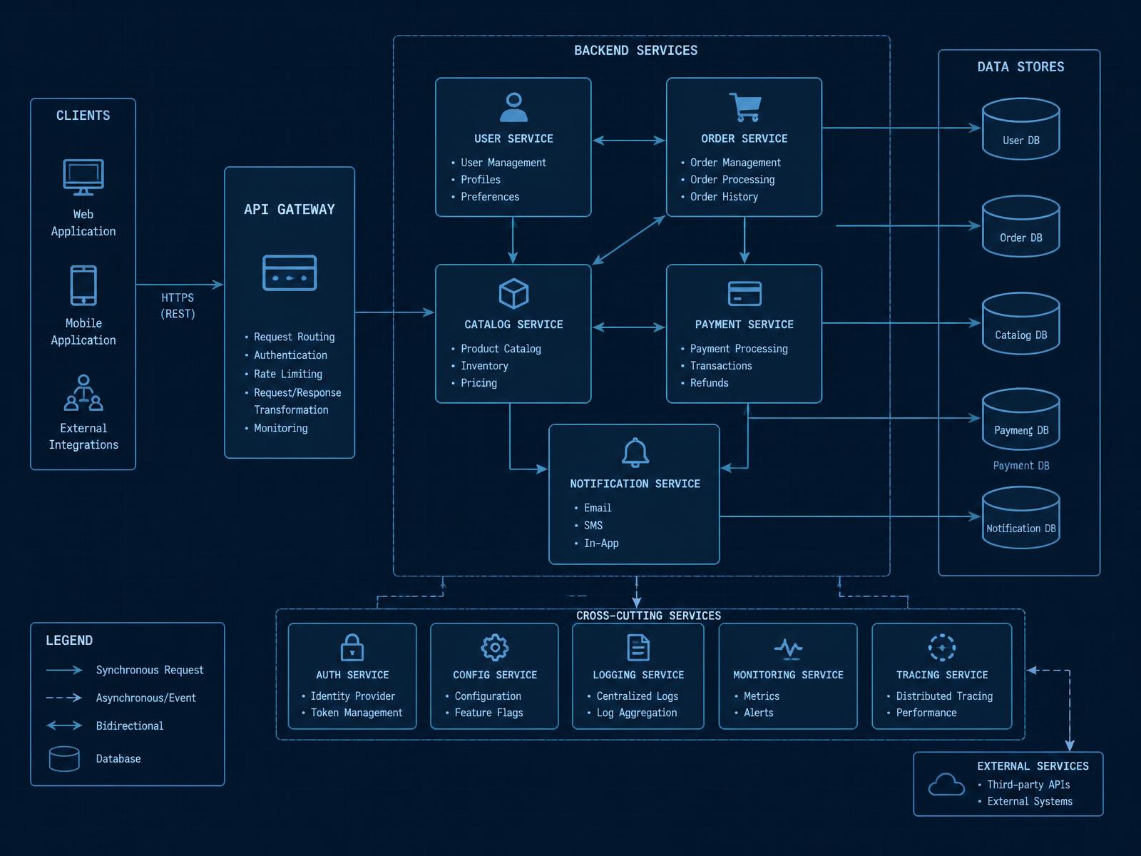 Schema di architettura software: servizi, API e flussi di dati